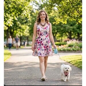 French Collection Summer Floral Pink/Cream Flare Skirt Lightweight Dress‎ 10